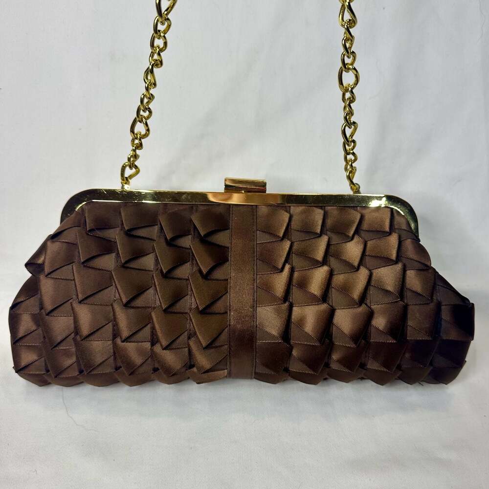 Jessica McClintock Brown Satin Pleated Ribbon Clutch with Gold Tone Chain Strap